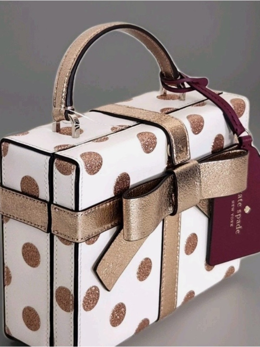 NEW/ Kate Spade/ White & Gold Polka Dot Bow Mini Box Bag